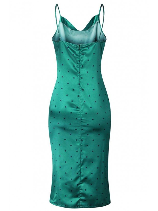 Polka Dot Cowl Neck Satin Slip Midi Dress – Emerald Green