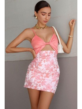 Twist Front Floral Print High Waist Bodycon Two Piece Dress – Pink