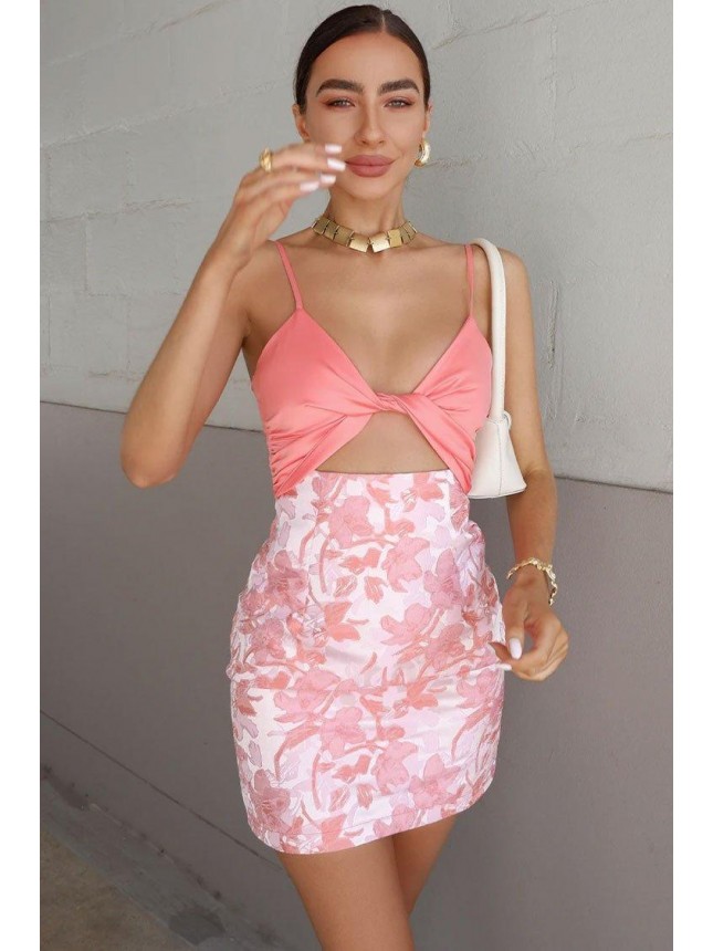 Twist Front Floral Print High Waist Bodycon Two Piece Dress – Pink