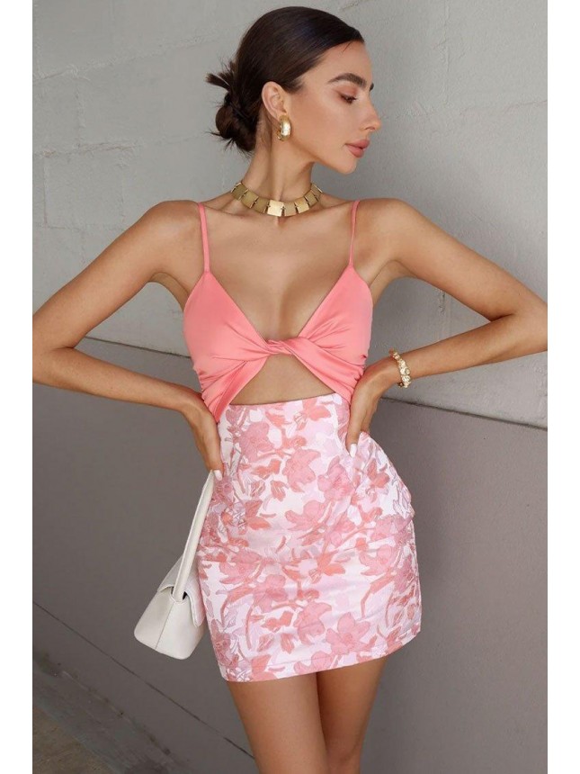 Twist Front Floral Print High Waist Bodycon Two Piece Dress – Pink