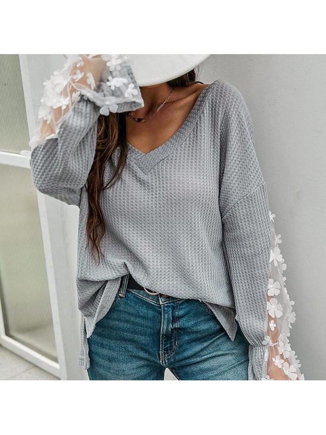 Loose long sleeve T shirt lace top