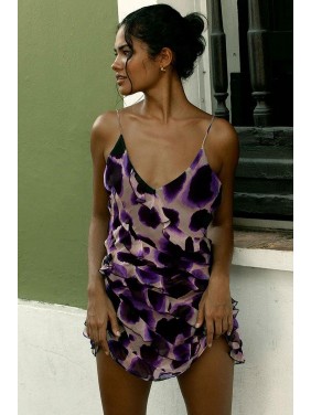 Leopard Print Ruffle Spaghetti Strap V Neck Chiffon Mini Dress – Purple