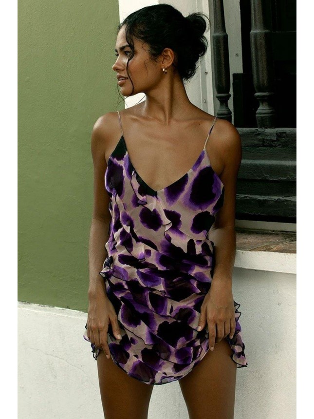 Leopard Print Ruffle Spaghetti Strap V Neck Chiffon Mini Dress – Purple