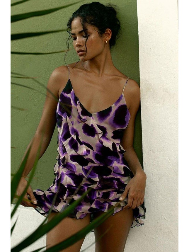 Leopard Print Ruffle Spaghetti Strap V Neck Chiffon Mini Dress – Purple