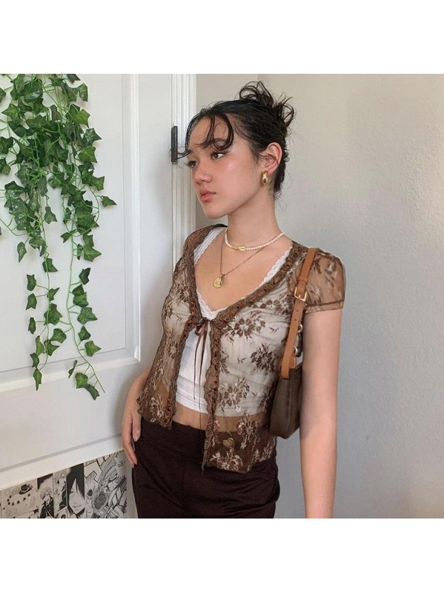 Lace perspective cardigan embankment T shirt
