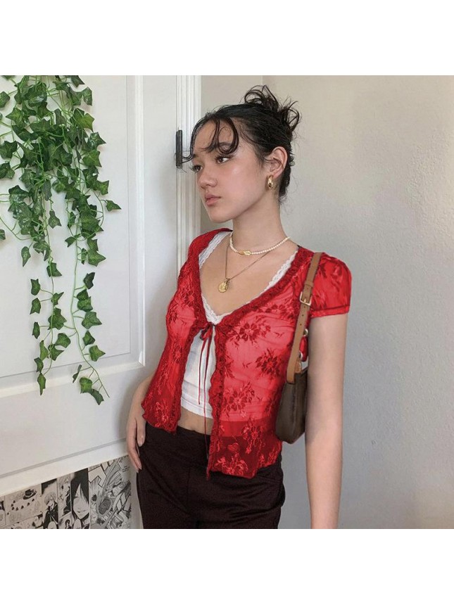 Lace perspective cardigan embankment T shirt