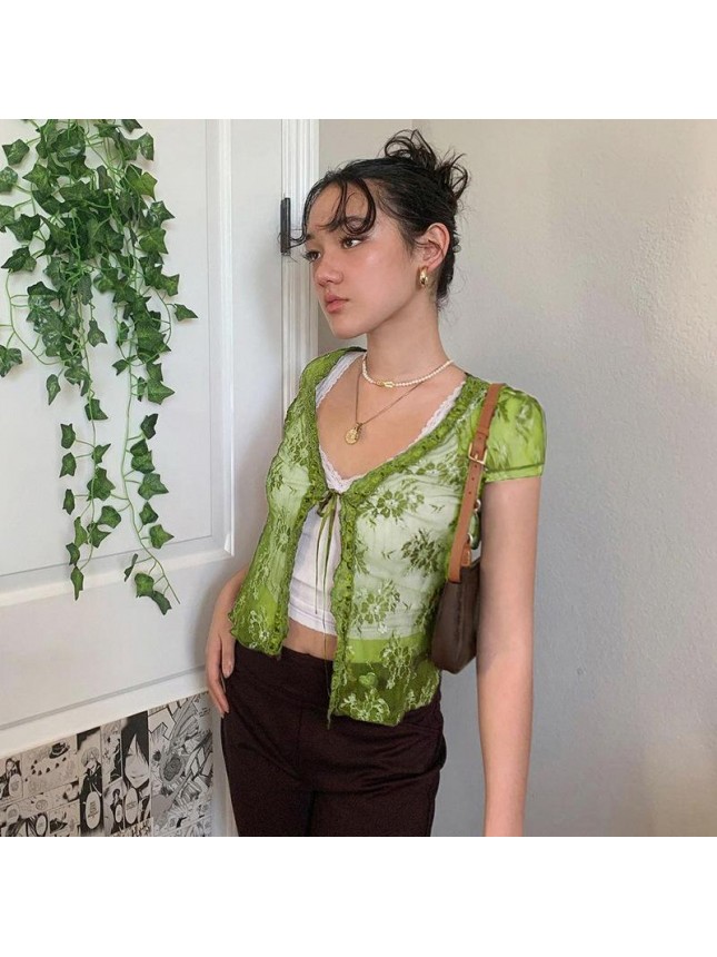 Lace perspective cardigan embankment T shirt