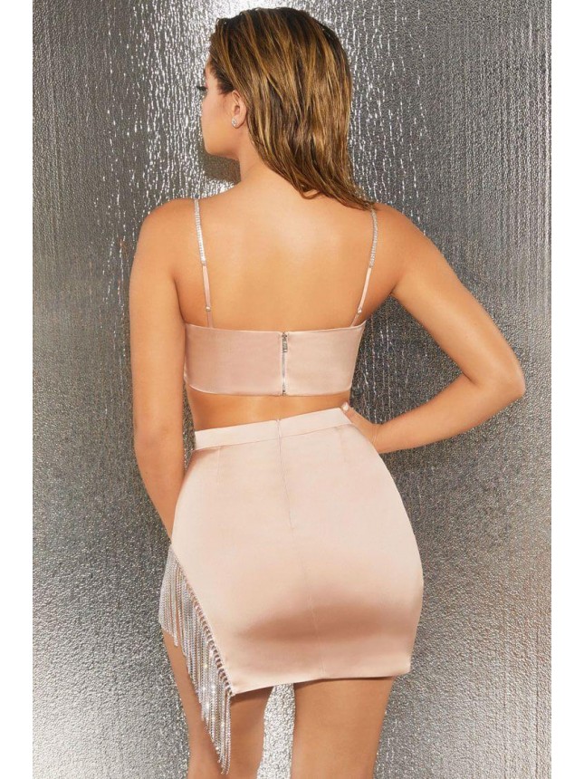 Sparkling Rhinestone Fringe High Waist Satin Two Piece Dress – Light Pink