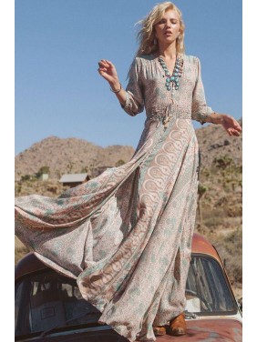 Floral 3/4 Sleeve Button Down Chiffon Boho Style Maxi Dress – Teal