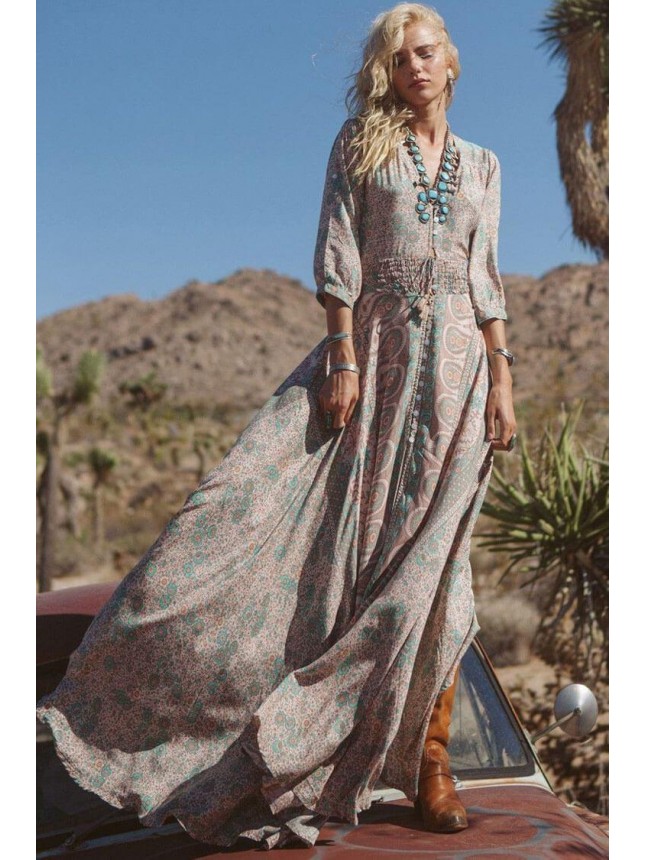 Floral 3/4 Sleeve Button Down Chiffon Boho Style Maxi Dress – Teal