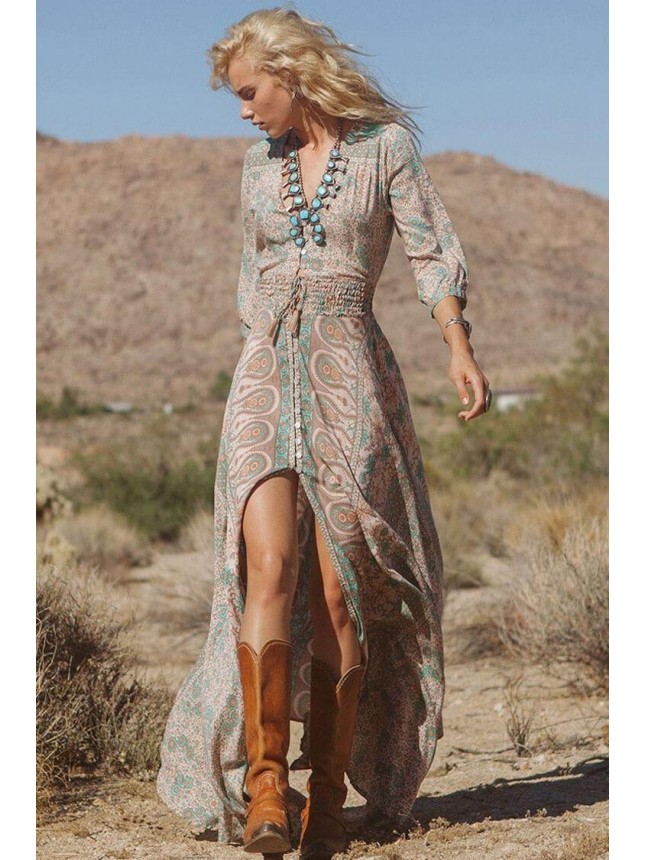 Floral 3/4 Sleeve Button Down Chiffon Boho Style Maxi Dress – Teal
