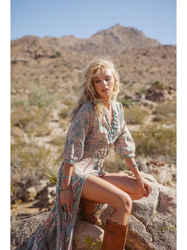 Floral 3/4 Sleeve Button Down Chiffon Boho Style Maxi Dress – Teal
