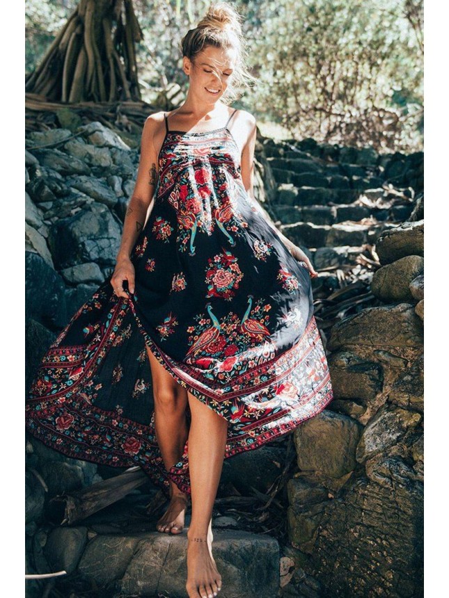 Ethnic Print Babydoll Maxi Boho Vacation Dress – Black