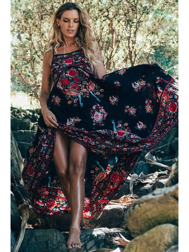 Ethnic Print Babydoll Maxi Boho Vacation Dress – Black