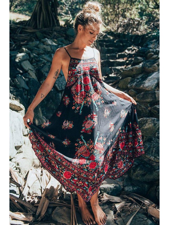 Ethnic Print Babydoll Maxi Boho Vacation Dress – Black