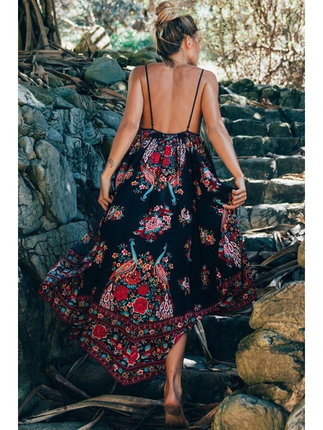 Ethnic Print Babydoll Maxi Boho Vacation Dress – Black