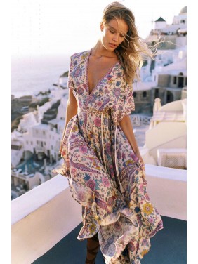 Floral Print Short Sleeve Maxi Boho Vacation Dress – Cream