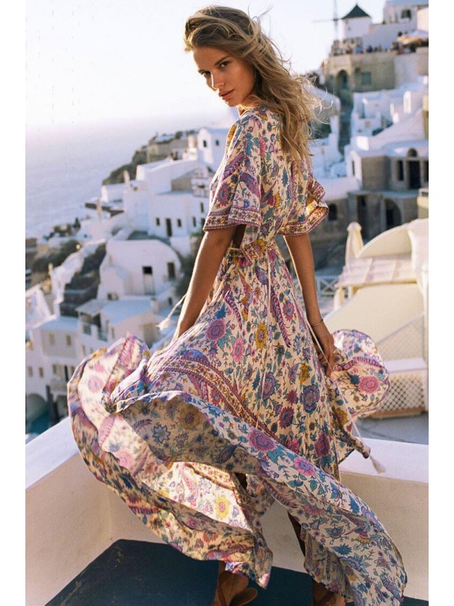 Floral Print Short Sleeve Maxi Boho Vacation Dress – Cream