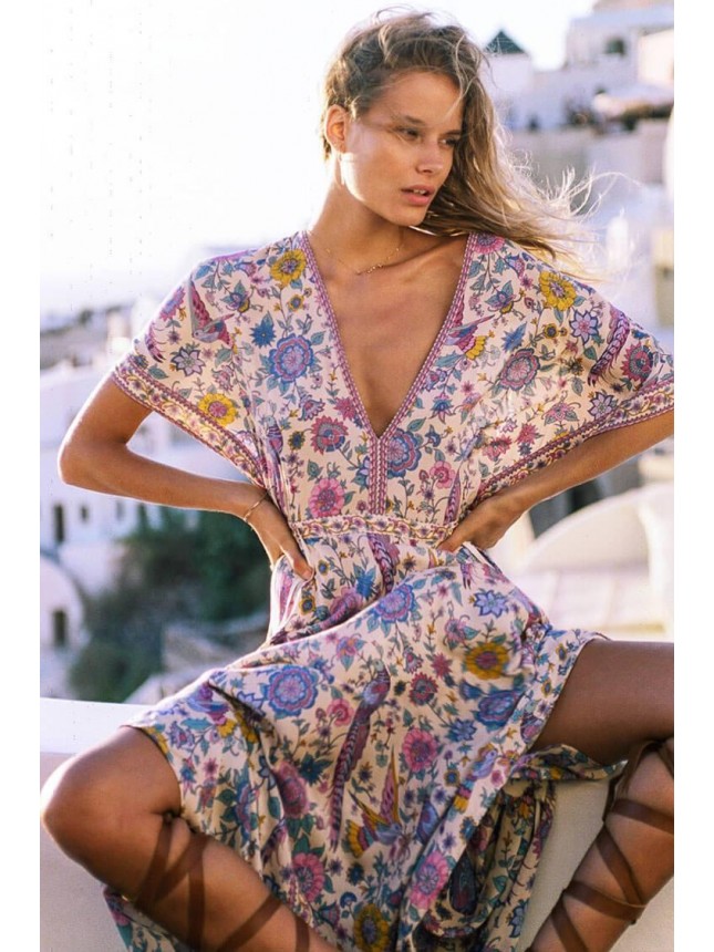 Floral Print Short Sleeve Maxi Boho Vacation Dress – Cream
