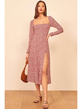 Long Sleeve Leaf Printed Square Neck High Slit Midi Dress – Red