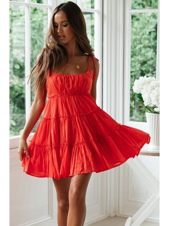 Flattering Tiered Empire Waist Mini Summer Sundress – Red