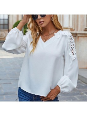 Top loose lace splicing white long sleeve T shirt