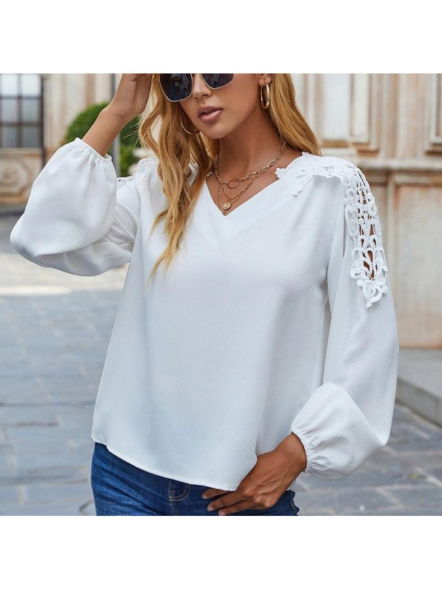 Top loose lace splicing white long sleeve T shirt