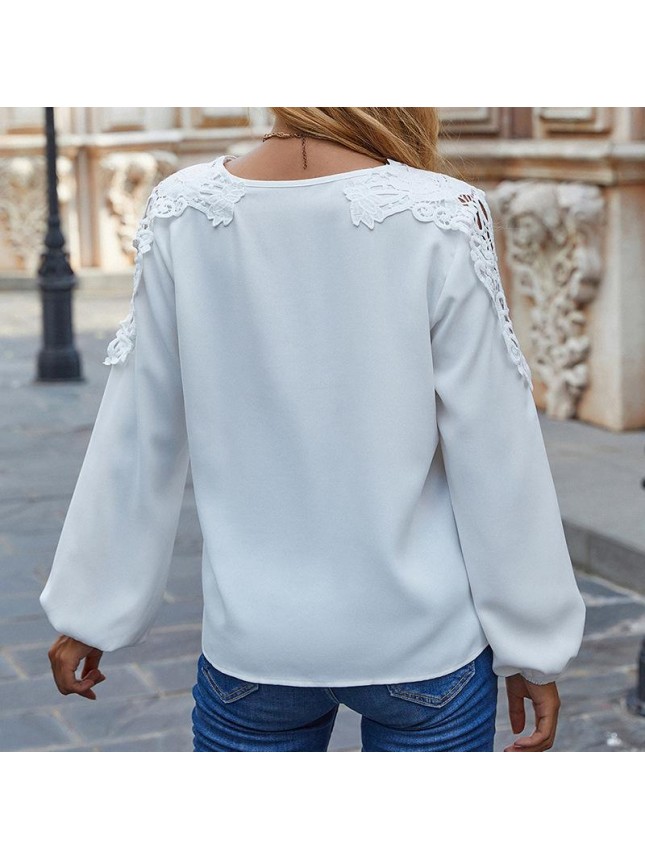 Top loose lace splicing white long sleeve T shirt