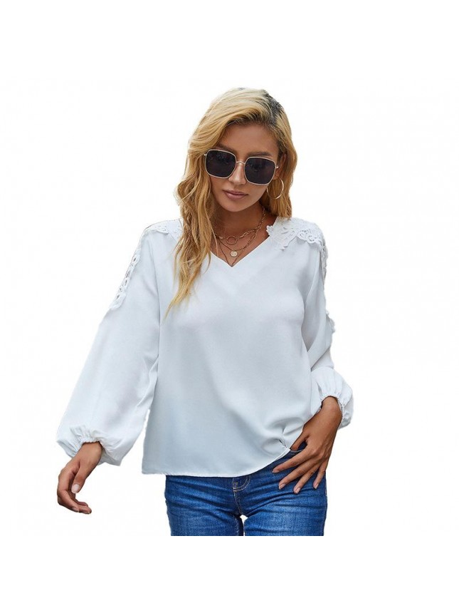 Top loose lace splicing white long sleeve T shirt