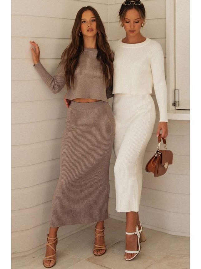 High Waist Rib Long Sleeve Winter Sweater Two Piece Dress – Coffee