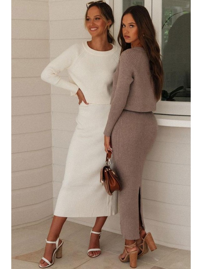 High Waist Rib Long Sleeve Winter Sweater Two Piece Dress – Coffee