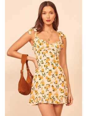 Lemon Print Tie Strap Summer Mini Sundress – Yellow