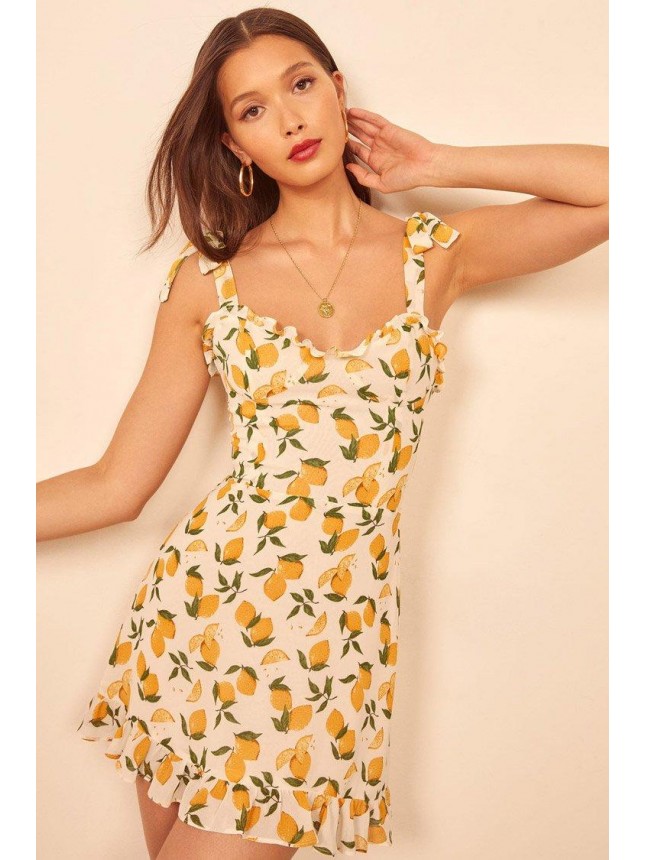 Lemon Print Tie Strap Summer Mini Sundress – Yellow