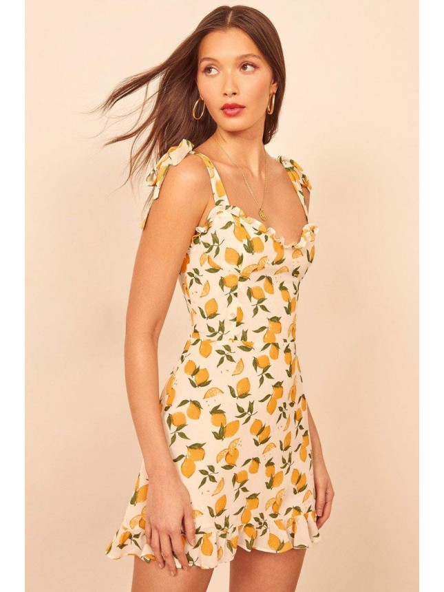 Lemon Print Tie Strap Summer Mini Sundress – Yellow