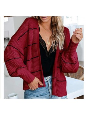 Striped knit jacket commuter OL large size intermediate color sweater cardigan fashion outfits
