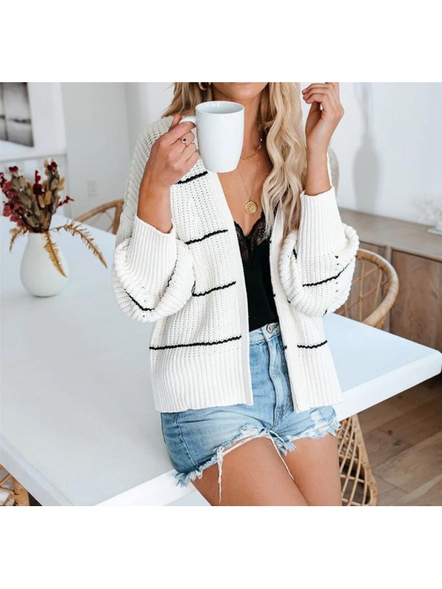 Striped knit jacket commuter OL large size intermediate color sweater cardigan fashion outfits