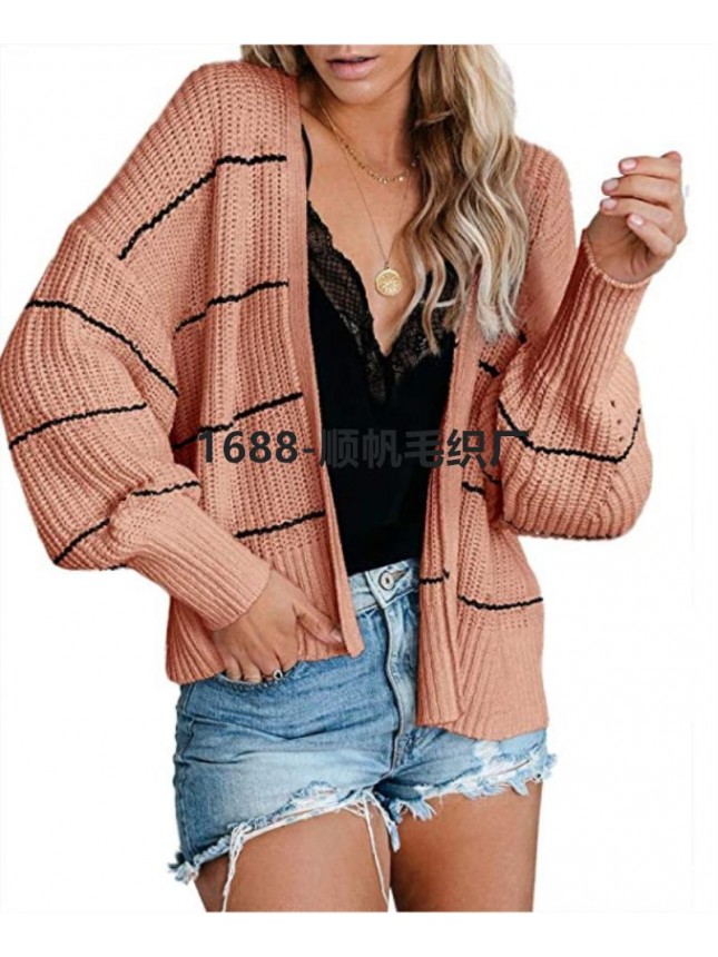 Striped knit jacket commuter OL large size intermediate color sweater cardigan fashion outfits