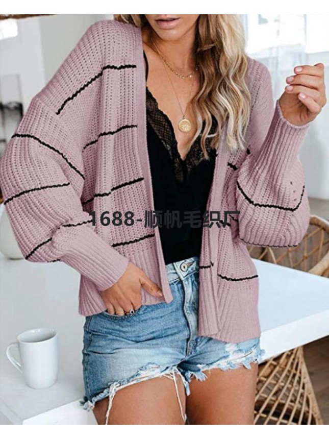 Striped knit jacket commuter OL large size intermediate color sweater cardigan fashion outfits