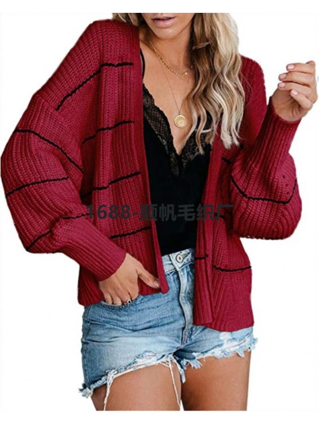 Striped knit jacket commuter OL large size intermediate color sweater cardigan fashion outfits