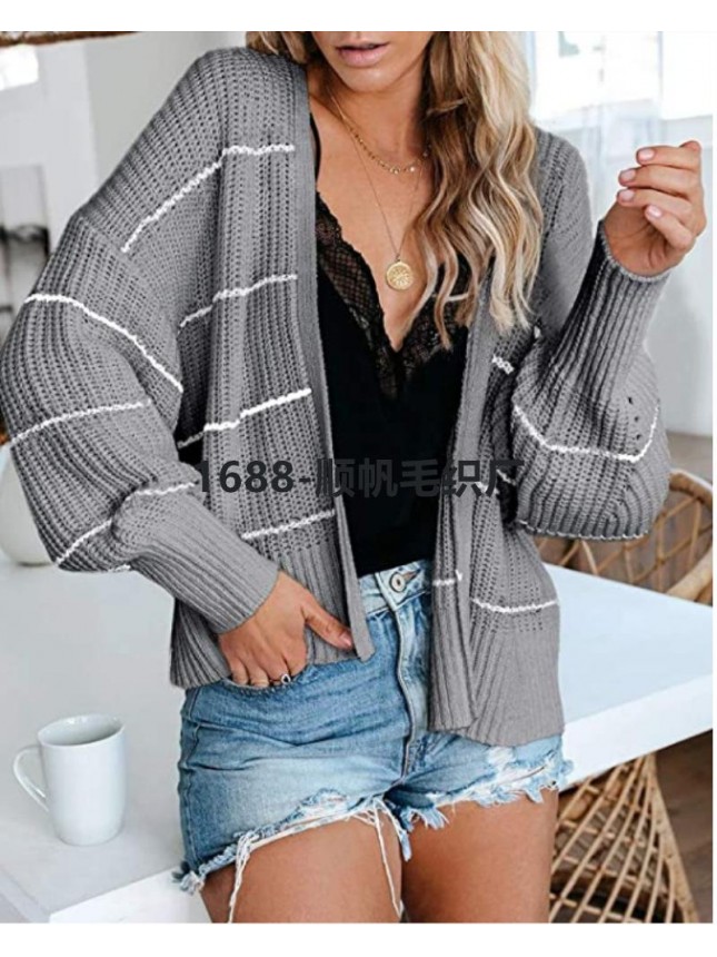 Striped knit jacket commuter OL large size intermediate color sweater cardigan fashion outfits