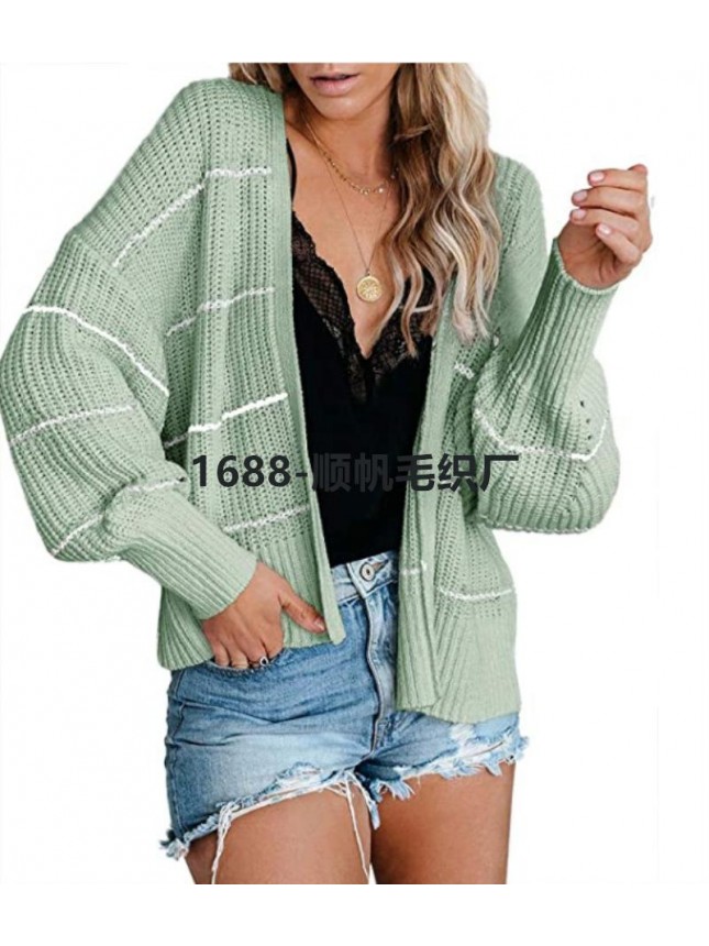 Striped knit jacket commuter OL large size intermediate color sweater cardigan fashion outfits