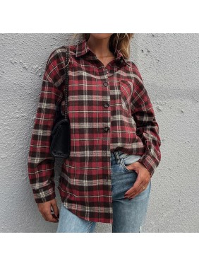 Red plaid shirt lapel shirt sleeves