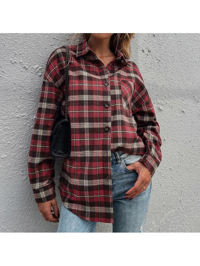 Red plaid shirt lapel shirt sleeves