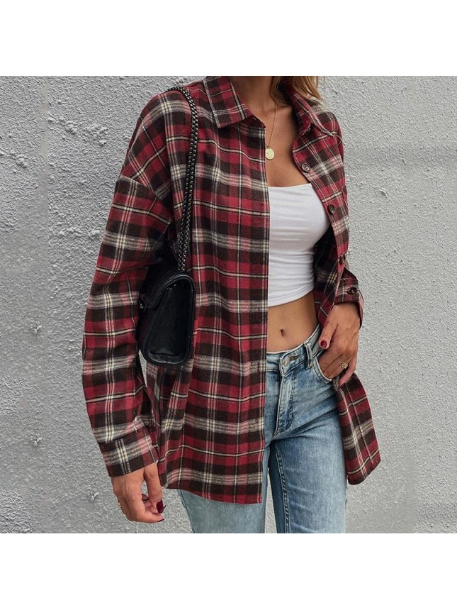 Red plaid shirt lapel shirt sleeves