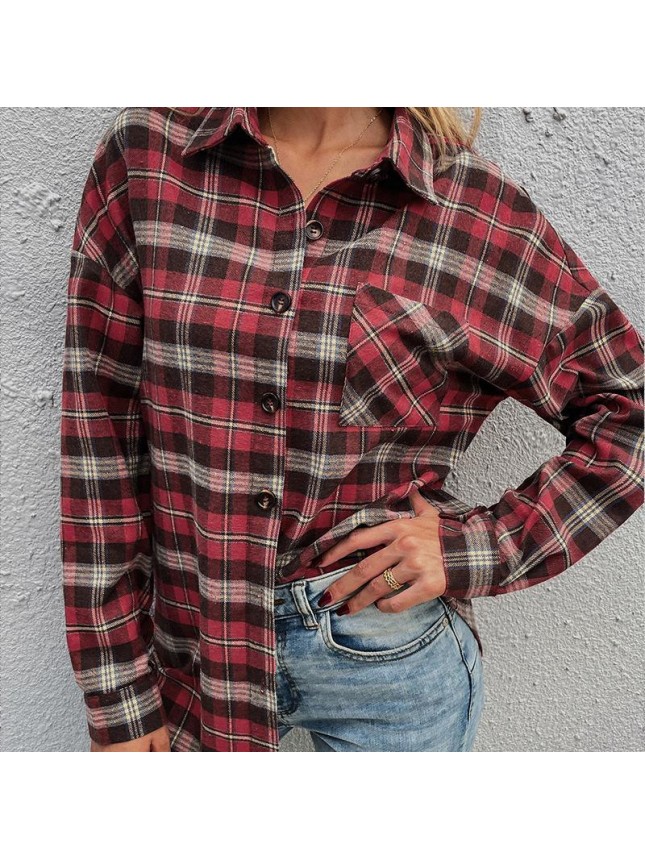 Red plaid shirt lapel shirt sleeves