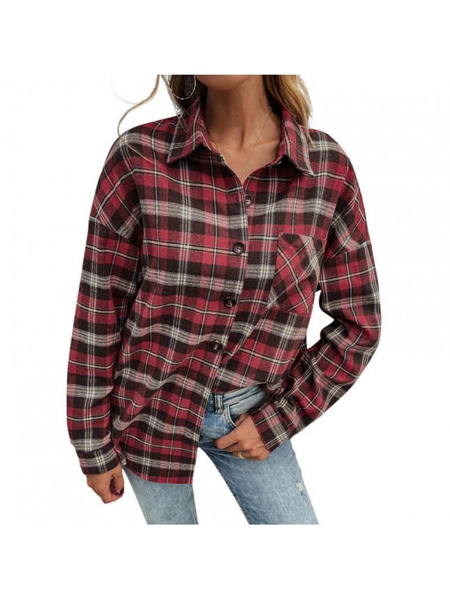 Red plaid shirt lapel shirt sleeves