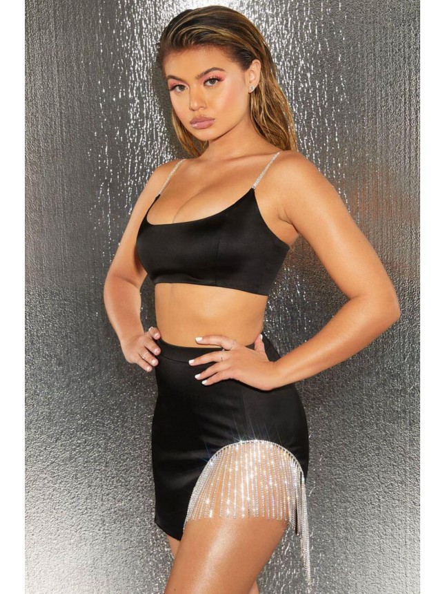 Sparkling Rhinestone Fringe High Waist Satin Two Piece Dress – Black