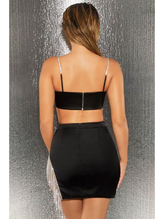 Sparkling Rhinestone Fringe High Waist Satin Two Piece Dress – Black