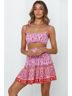 Floral Tie Strap High Waist Mini Two Piece Dress – Hot Pink
