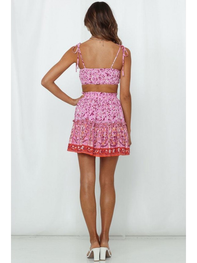 Floral Tie Strap High Waist Mini Two Piece Dress – Hot Pink